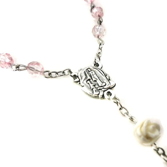 Lourdes Blush Pink Crystal Bead Rosary Necklace for Women with Virgin Mary Cente - Picture 6 of 6
